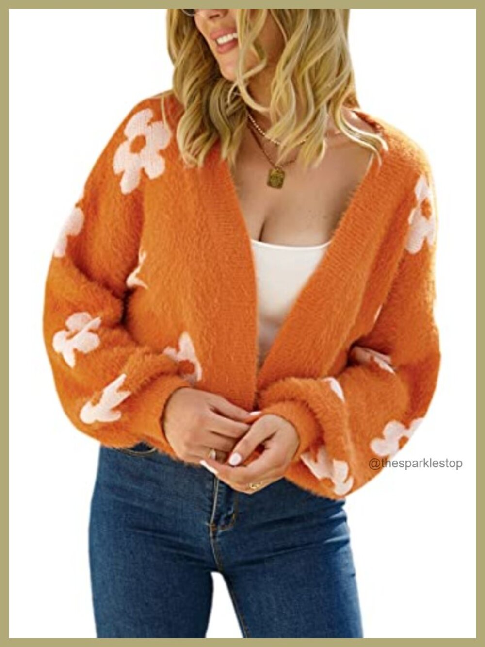 Cropped Floral Daisy Cardigan Long Sleeve Open Front Fuzzy Knit Sweater